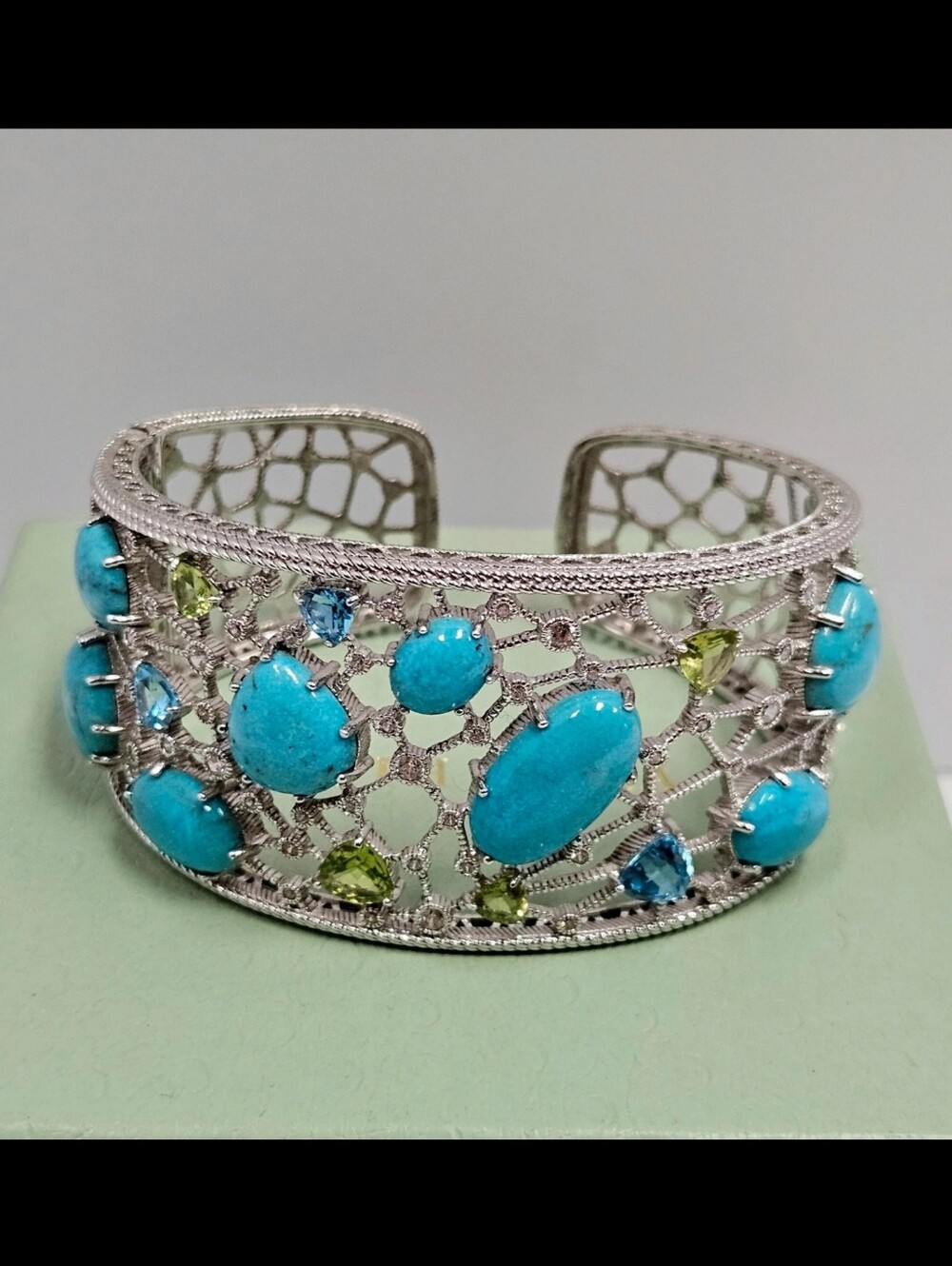 Turquoise & Blue Crystal Silver Filigree Cuff Bracelet - Modern Statement